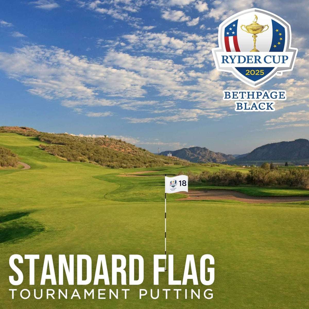 Small white golf flag on a pole with Ryder Cup 2025 logo and large 18