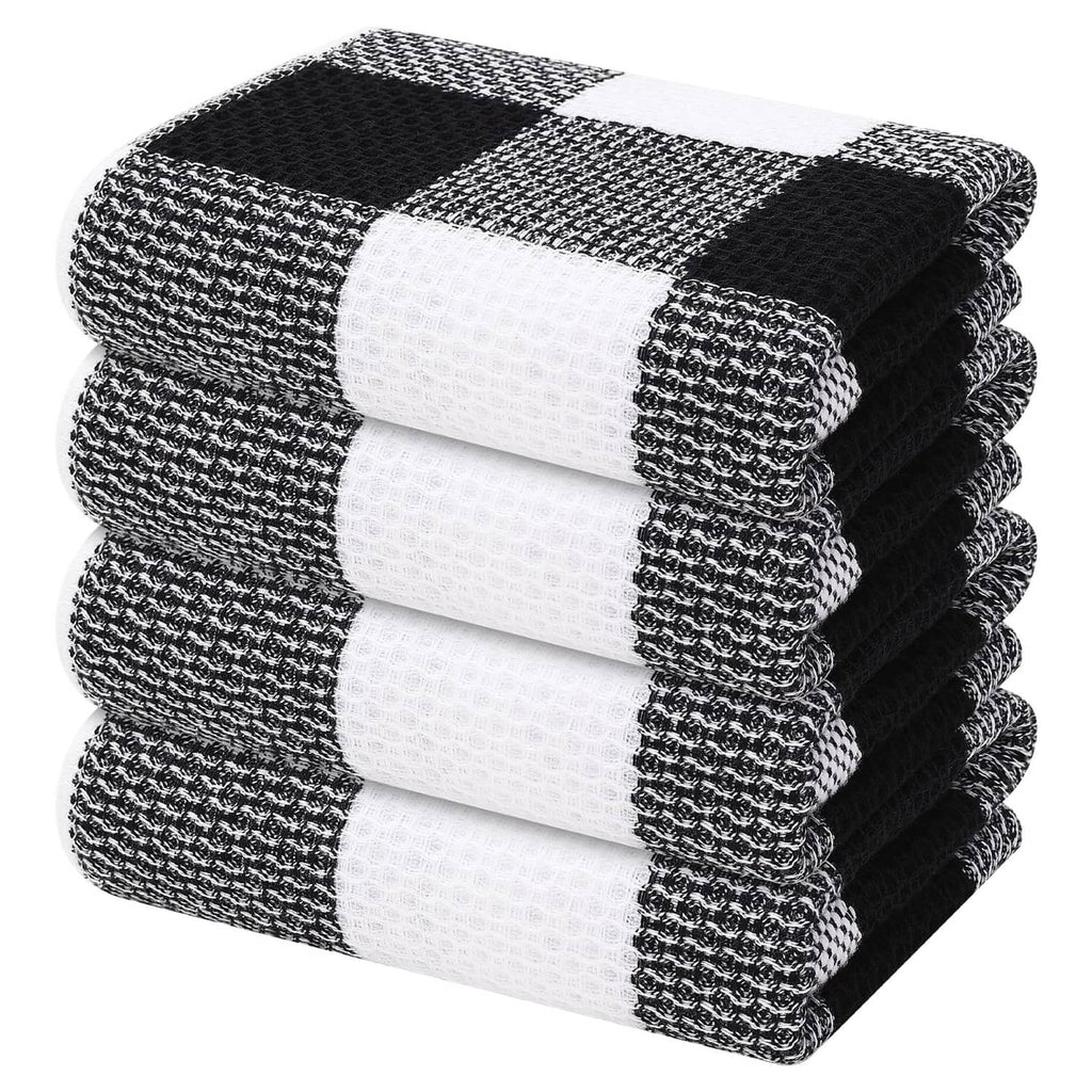 Waffle weave kitchen towels, black and white check, folded stack, set of 4