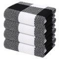 Waffle weave kitchen towels, black and white check, folded stack, set of 4