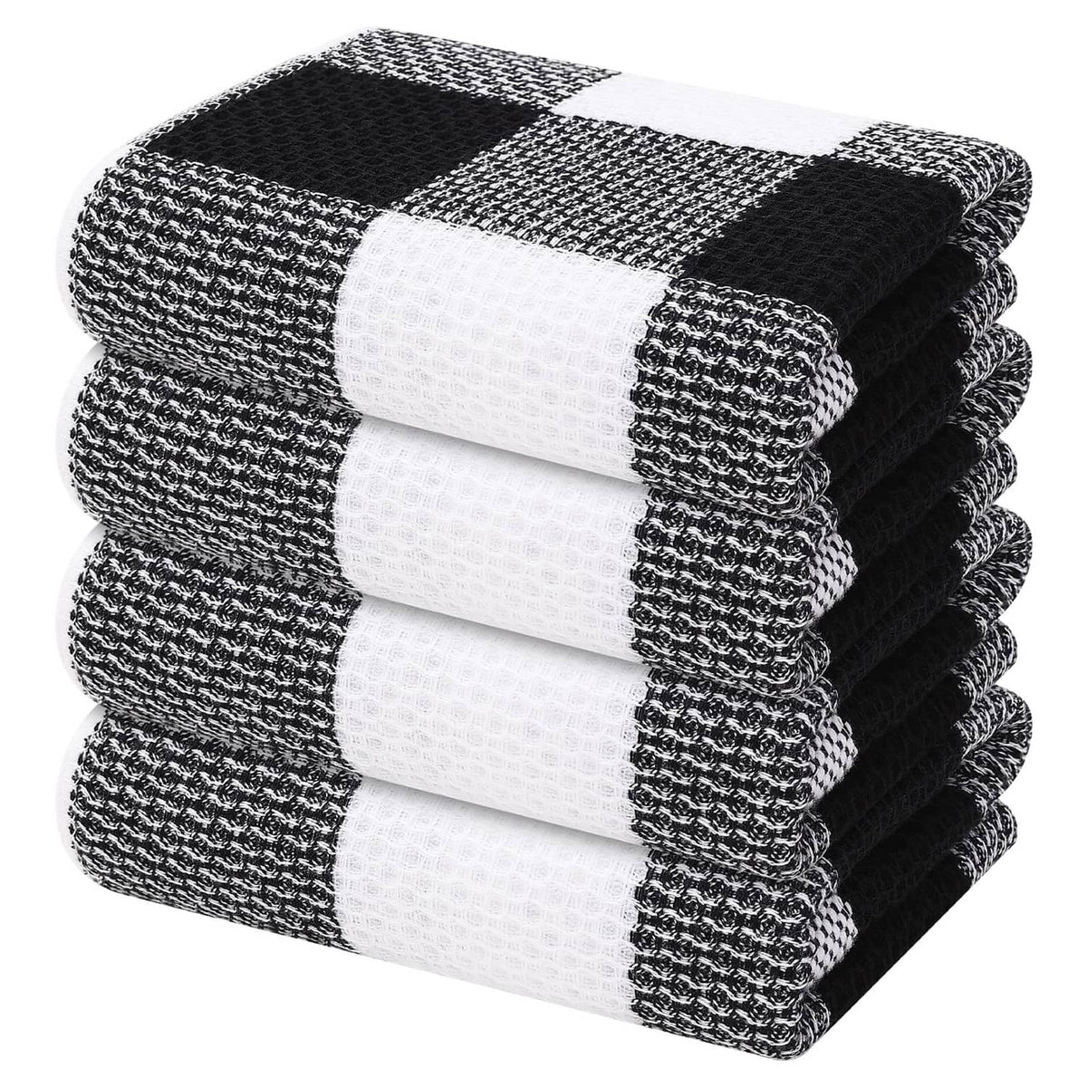 Waffle weave kitchen towels, black and white check, folded stack, set of 4