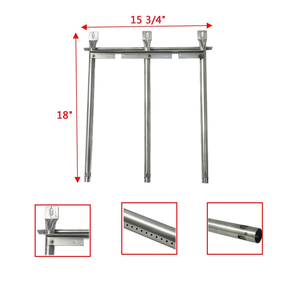 Stainless grill burner frame with adjustable legs; close-ups of burner holes