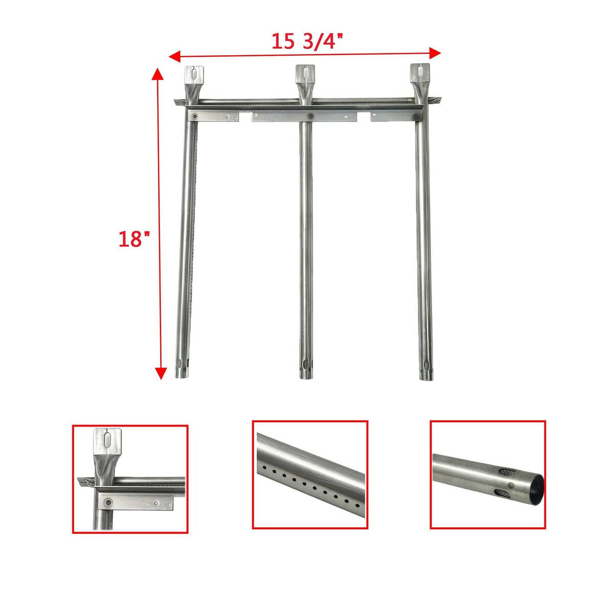 Stainless grill burner frame with adjustable legs; close-ups of burner holes