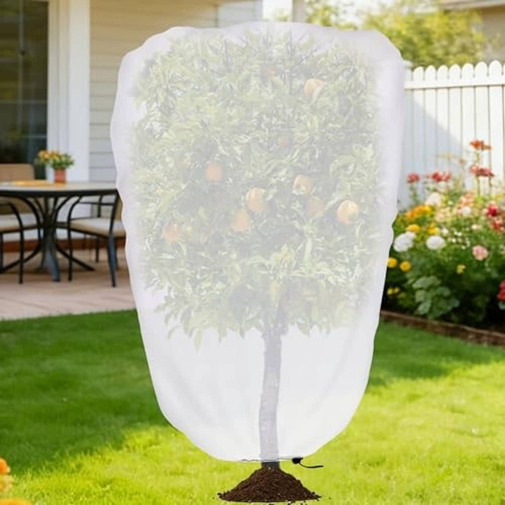 Garden plant shade cover with drawstring, white mesh bag over potted tree, outdoor
