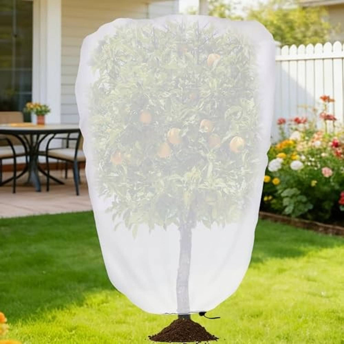 Garden plant shade cover with drawstring, white mesh bag over potted tree, outdoor
