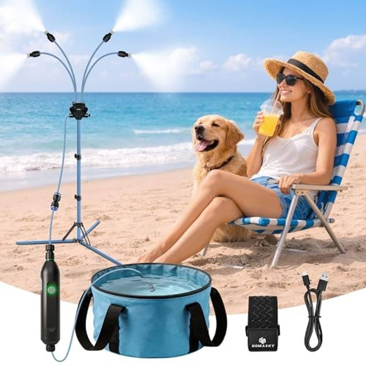 Portable standing misting system with cool blue tank, tripod stand, and pump accessories