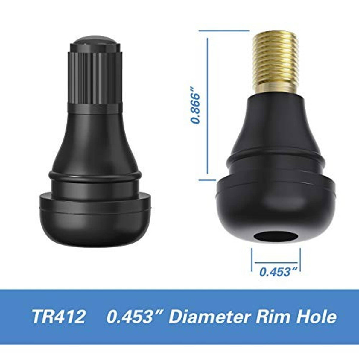 Black snap-in tubeless tire valve stem with brass threaded core, 0.453 in rim hole
