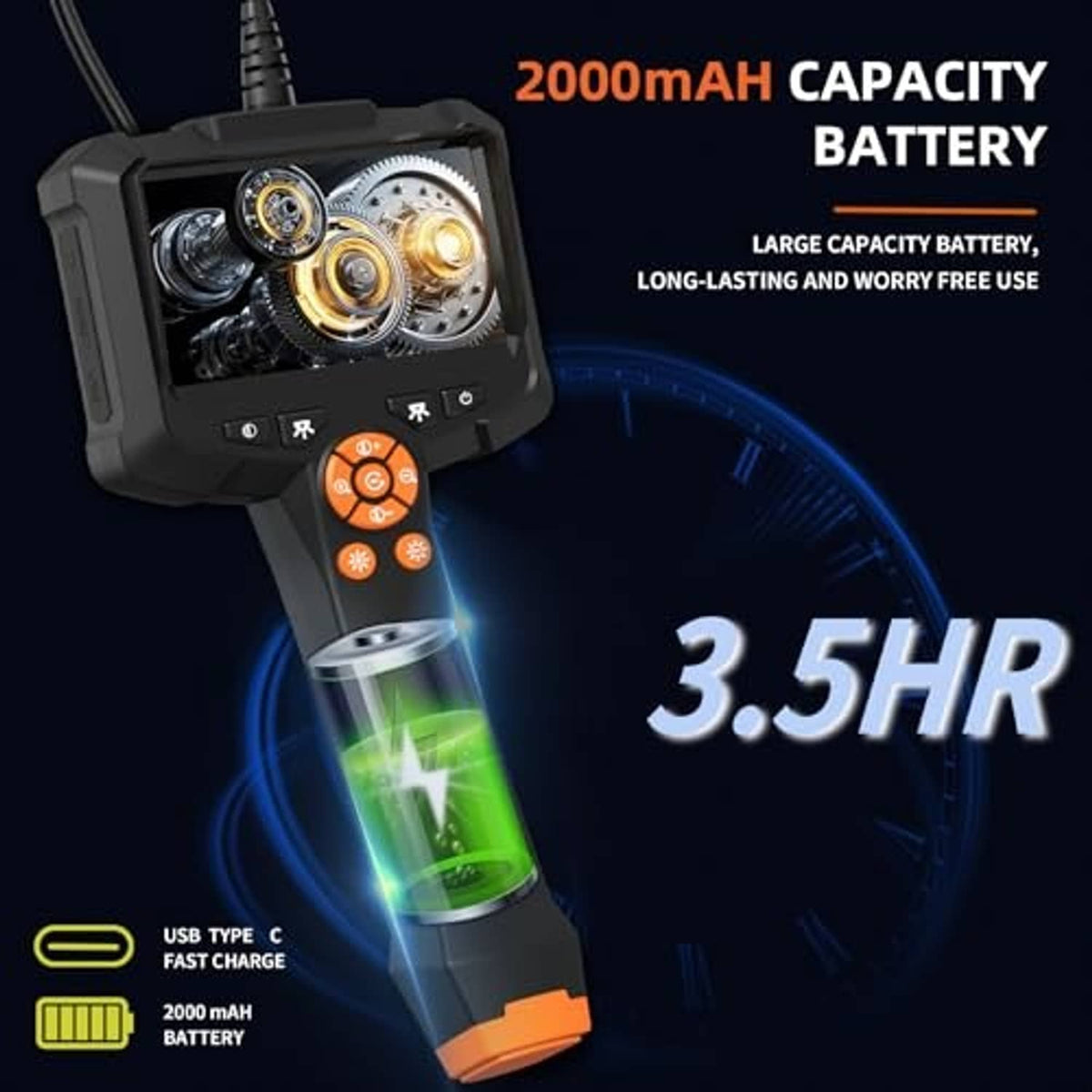 Handheld borescope camera with built-in battery indicator and bright green camera view