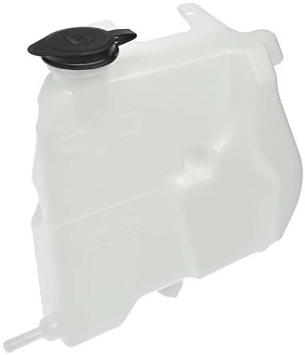 Non-pressurized coolant reservoir with black cap, white plastic tank and molded hose fittings