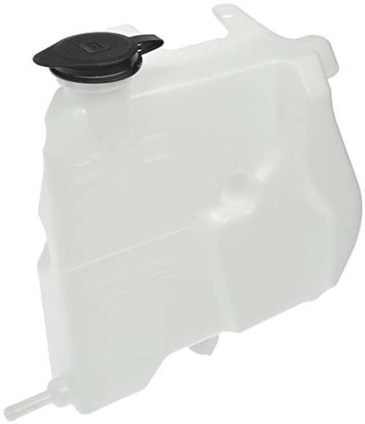 Non-pressurized coolant reservoir with black cap, white plastic tank and molded hose fittings