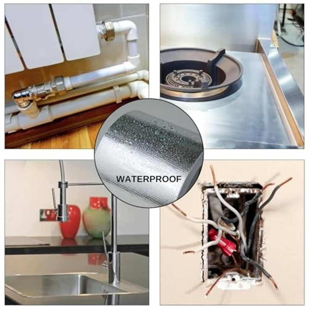 Heat shield tape on kitchen and plumbing fixtures, water-resistant reflective layer