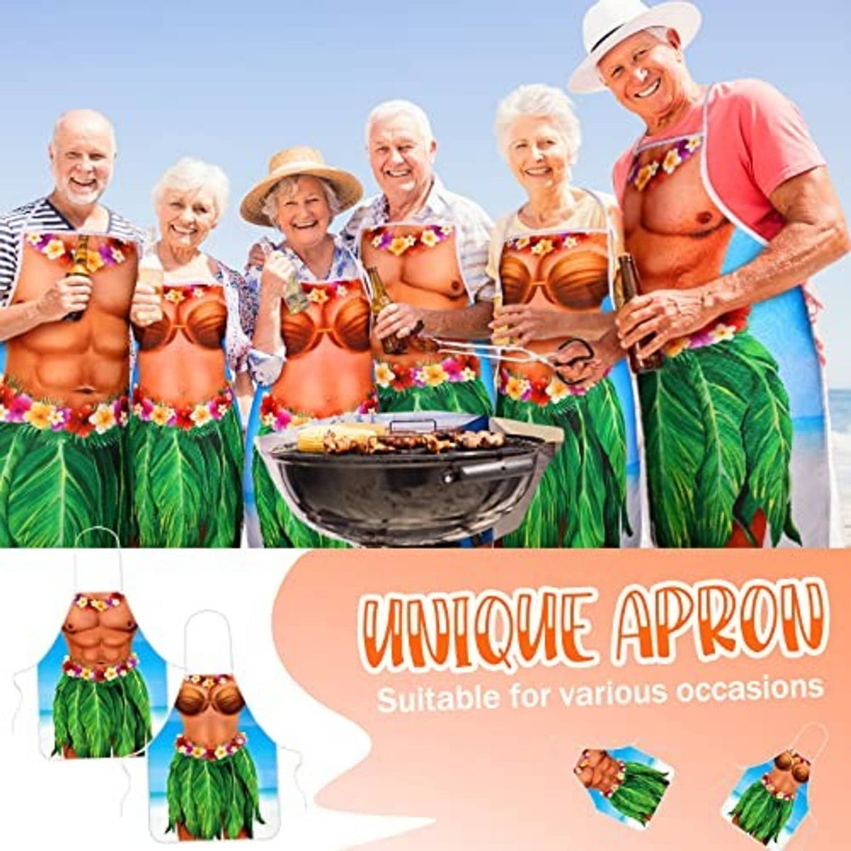 Hawaiian hula bikini apron design, purple flower lei over green leaf skirt, white strap ties