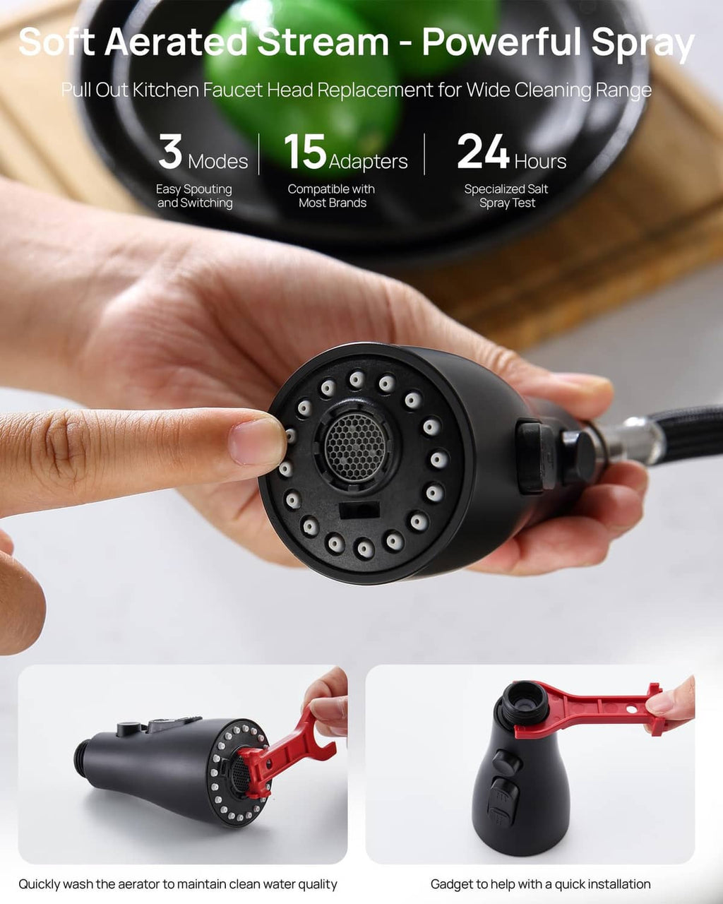 Matte black faucet sprayer head close-up with circular spray ports and side grip.