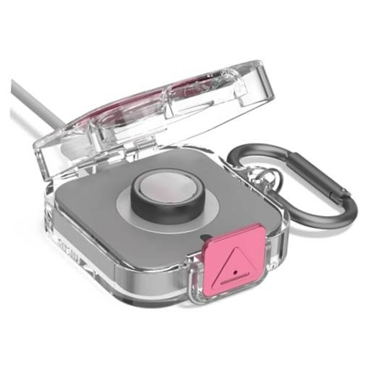 Clear protective case with gray base and pink lock plate, with carabiner attached