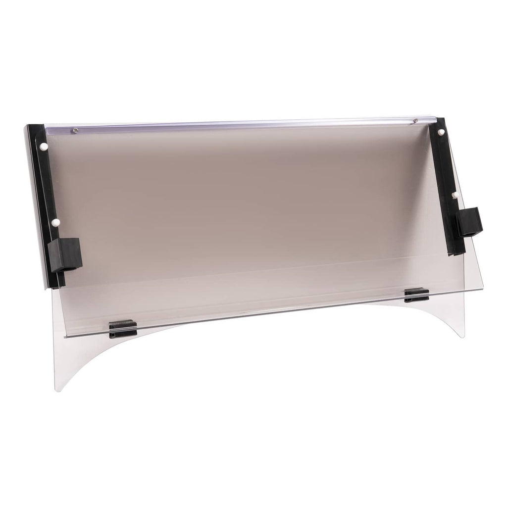 Tinted fold-down golf cart windshield with black side brackets and clear panel