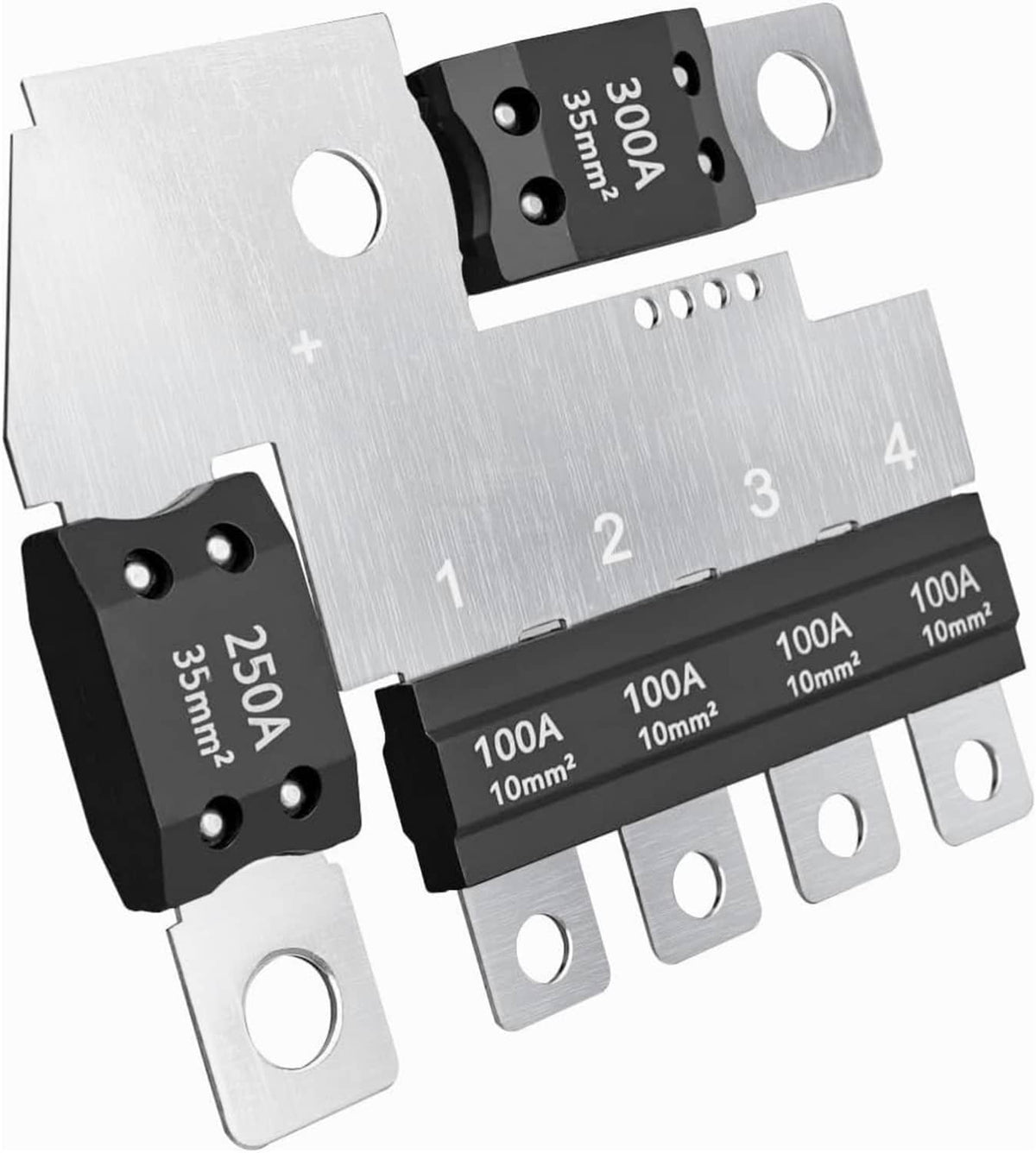 Main fuse block plate with black fuse modules and silver metal mounting tabs, 1–4 labels