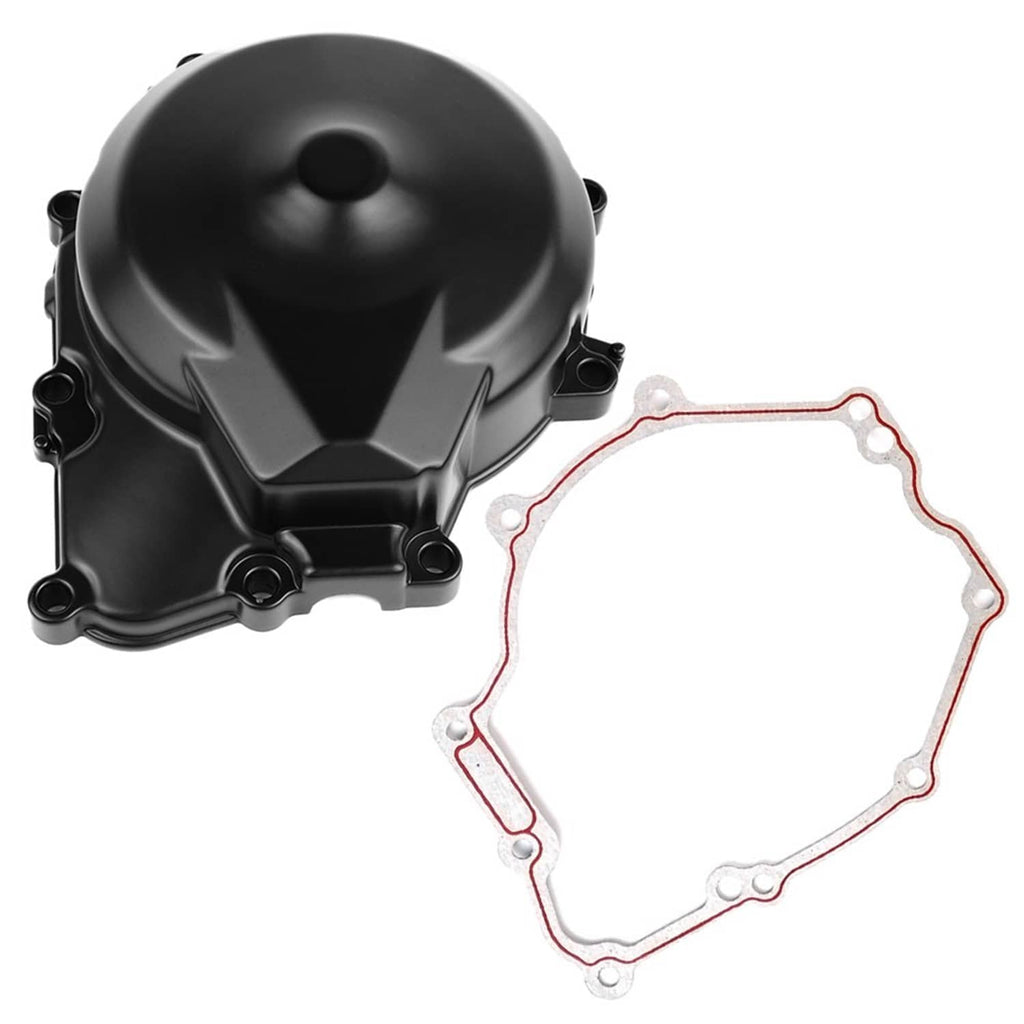 Black engine stator cover with red gasket and matching crankcase seal