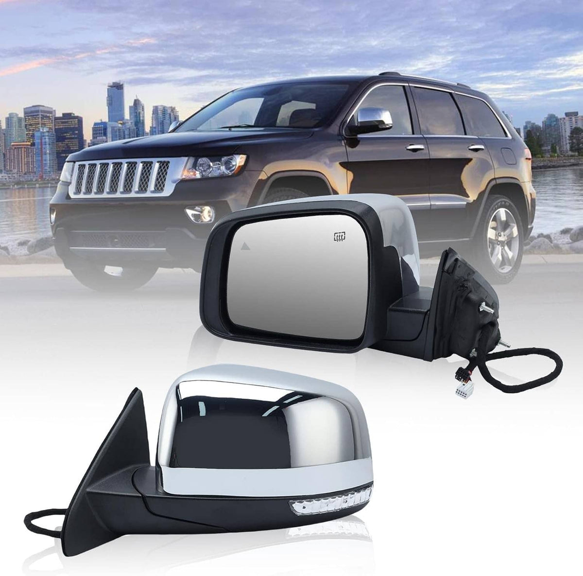 Driver-side manual-fold mirror assembly, black housing with blind-spot indicator