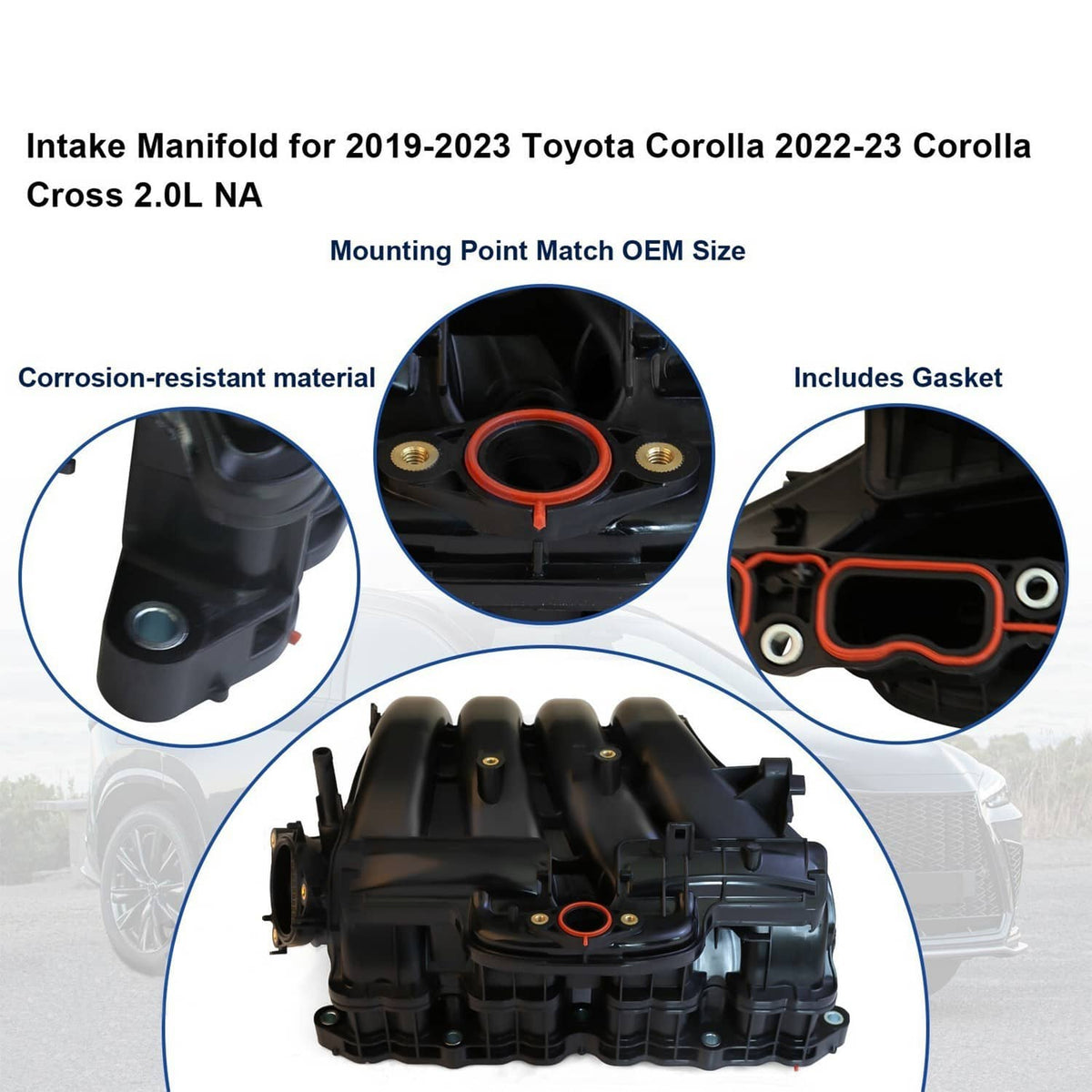 Black intake manifold kit with included orange-red gasket and mounting points