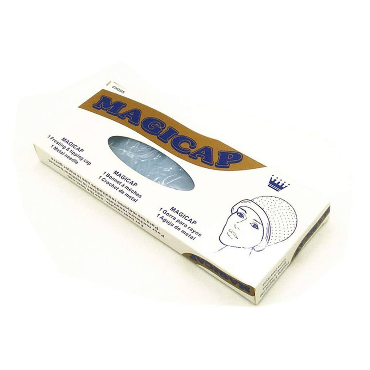 Hair dye cap kit box showing blue perforated cap and illustrated instructions