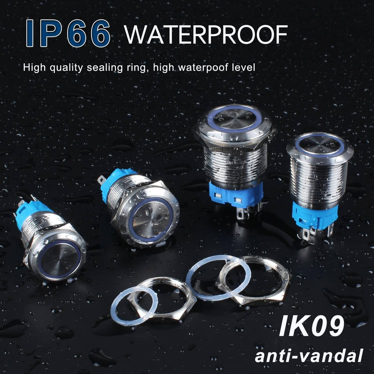Waterproof metal latching push button switches with blue bases and silver LED faces
