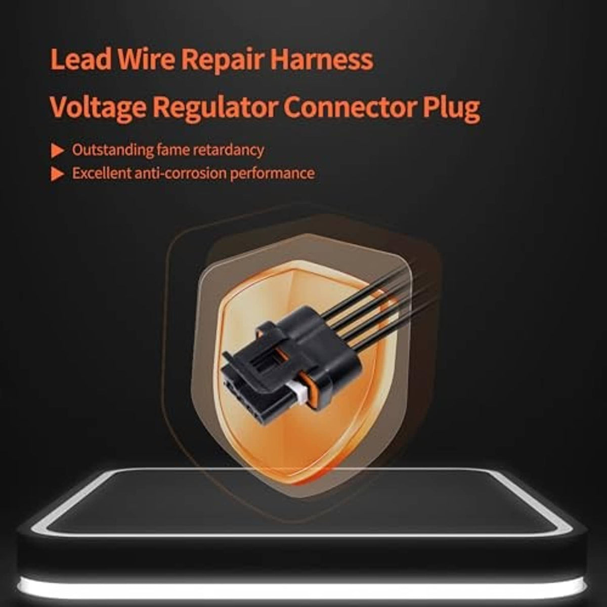 Voltage regulator connector plug harness with black-and-orange insulated connector body and leads