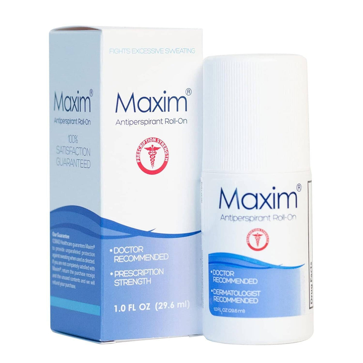 Maxim antiperspirant roll-on retail box and white roll-on bottle
