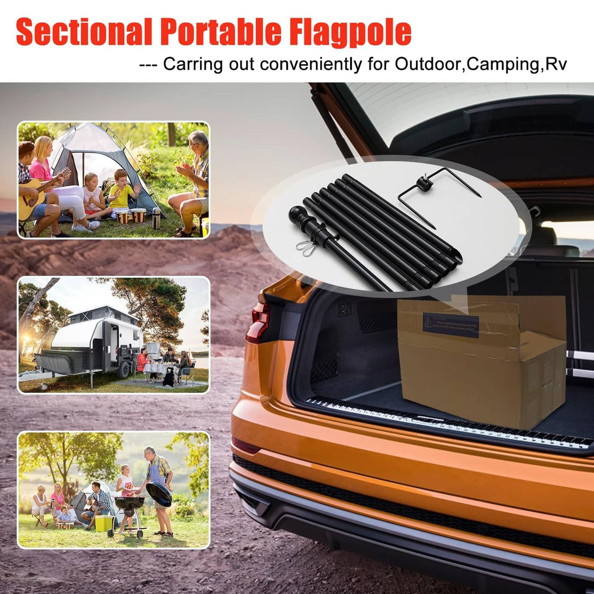 Sectional black flagpole kit with collapsible pole sections for travel