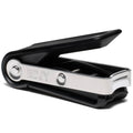 Stainless steel fingernail cutter with black non-slip handle and silver cutting blade