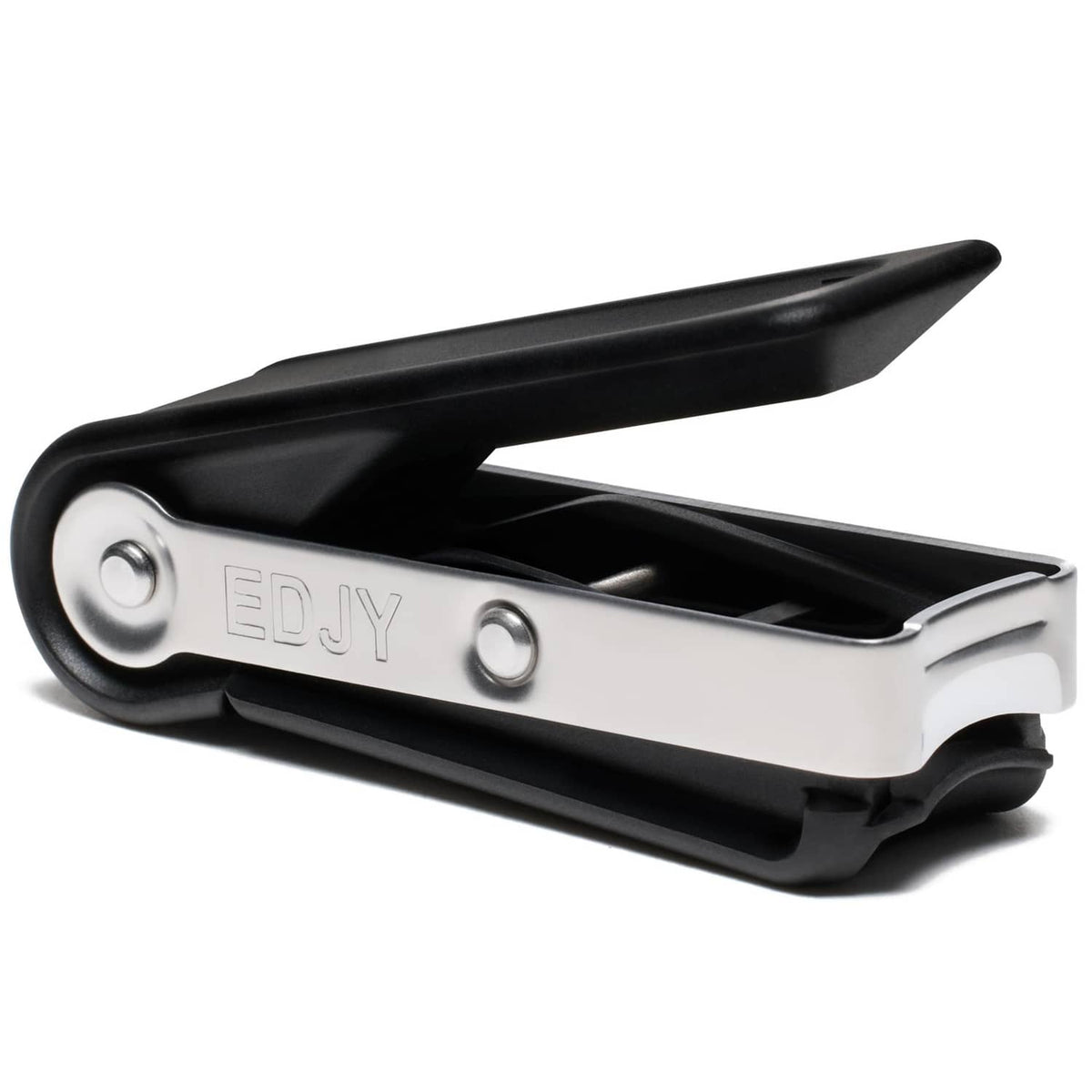 Stainless steel fingernail cutter with black non-slip handle and silver cutting blade