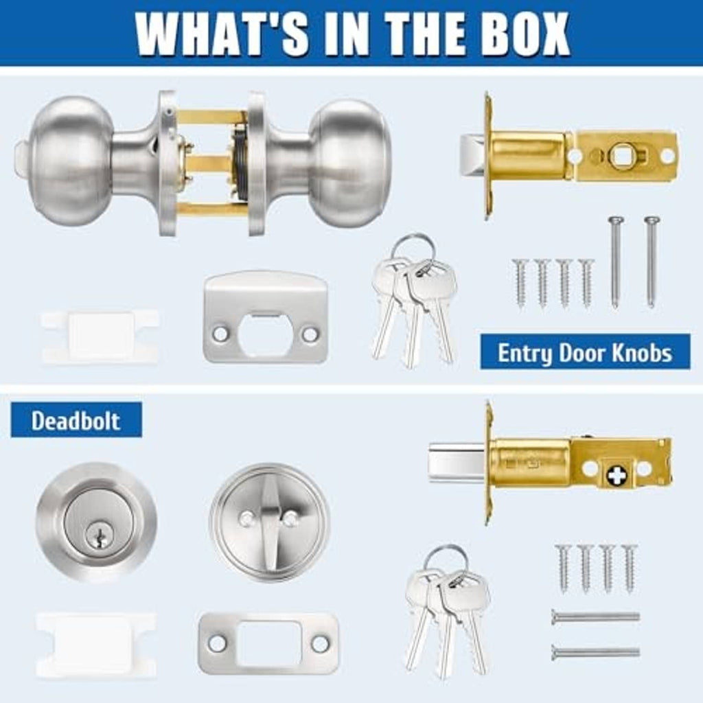 Satin nickel entry door lock set contents: deadbolt, knobs, keys, and screws