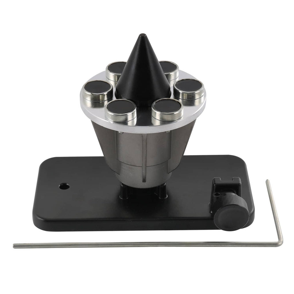 Black magnetic lawn mower blade balancer with cone and 6 silver magnets, plus hex wrench