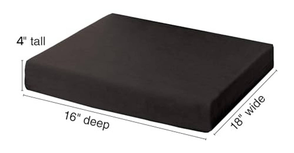 Black foam seat cushion, 18 x 16 in, about 4 in tall, with flat top.