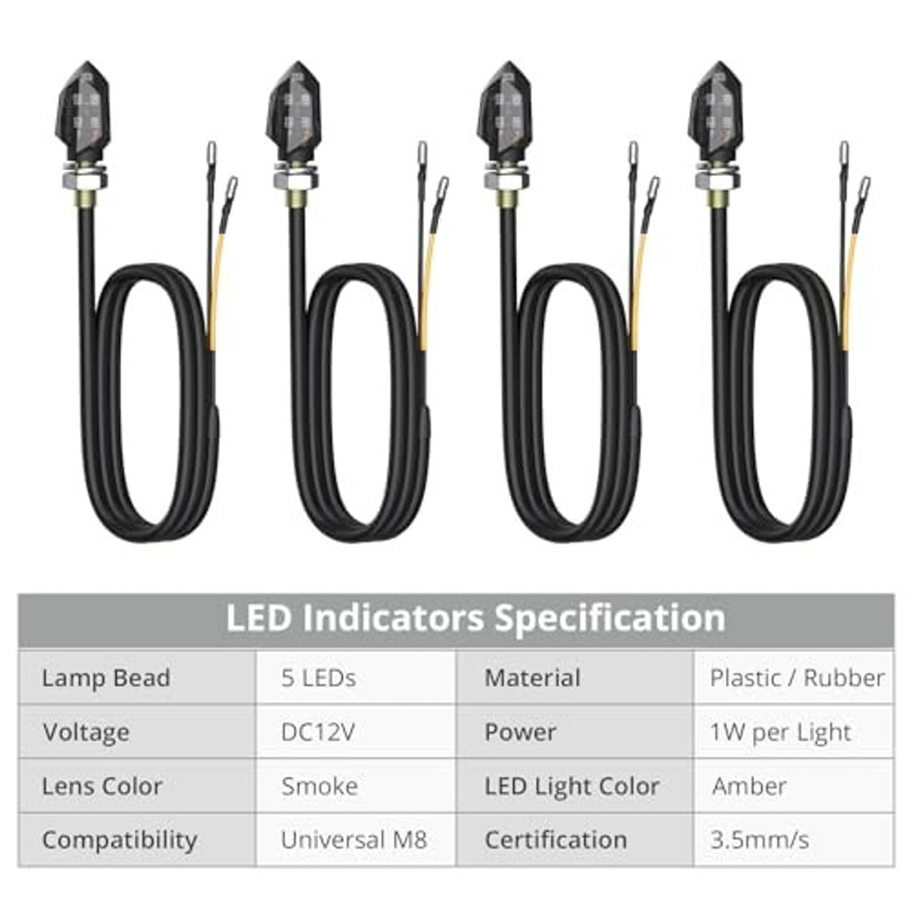 Four LED indicator lights with black wiring harness and amber lens heads, set for mounting