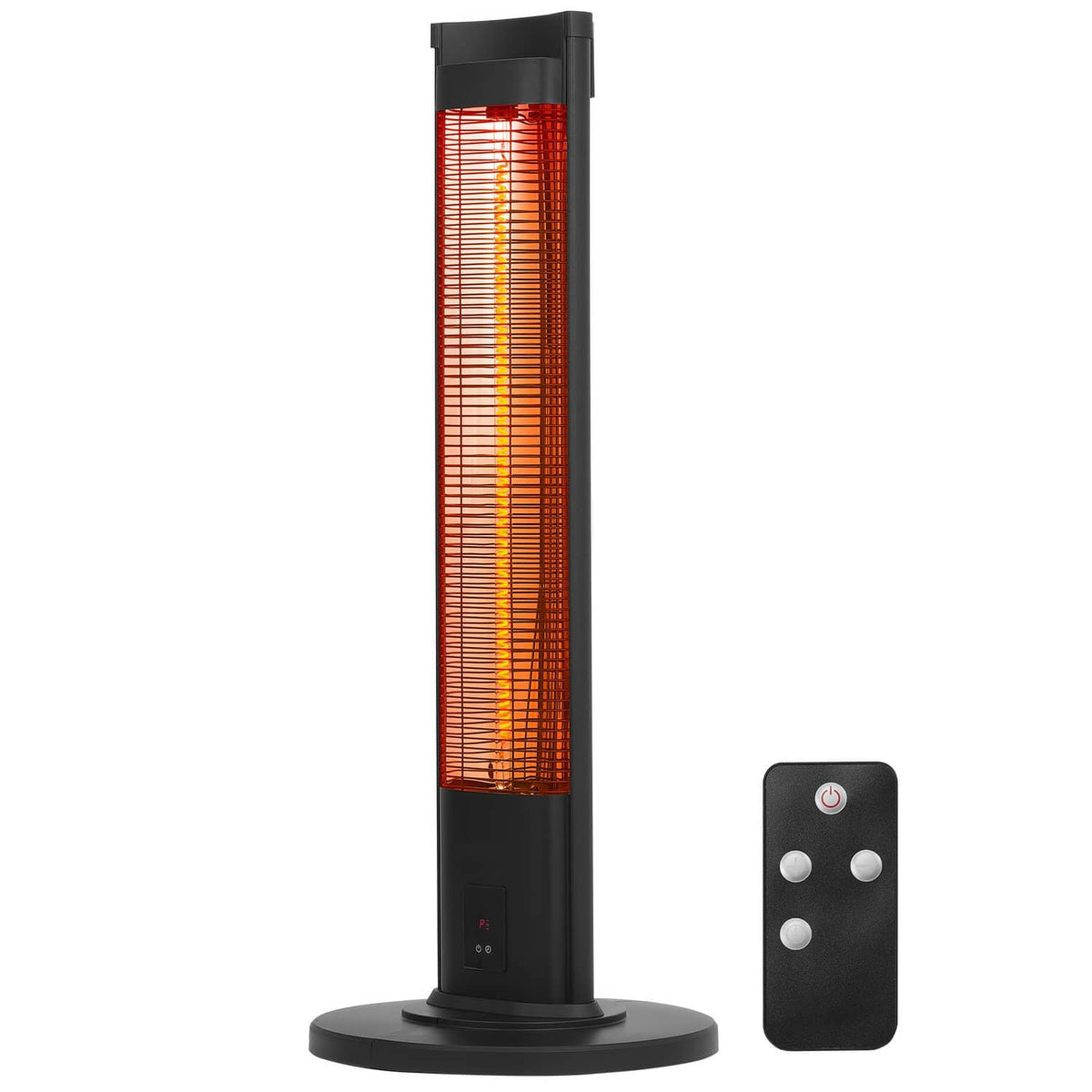 Black infrared space heater tower with glowing heating tube and included remote