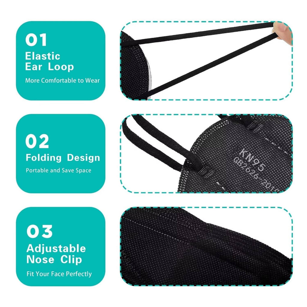Black KN95 mask features: elastic ear loop, foldable design, adjustable nose clip