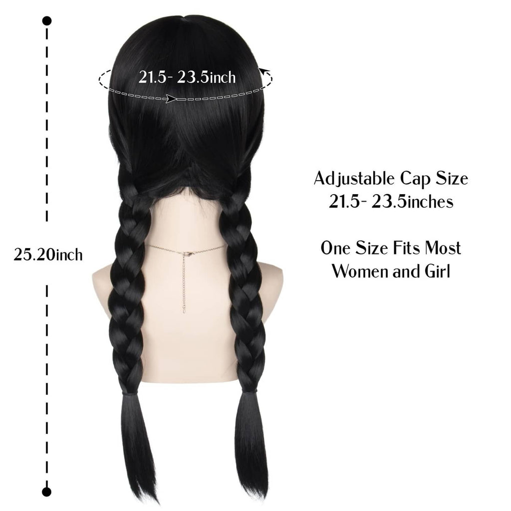 Black braided wig with bangs, long twin braids from back view