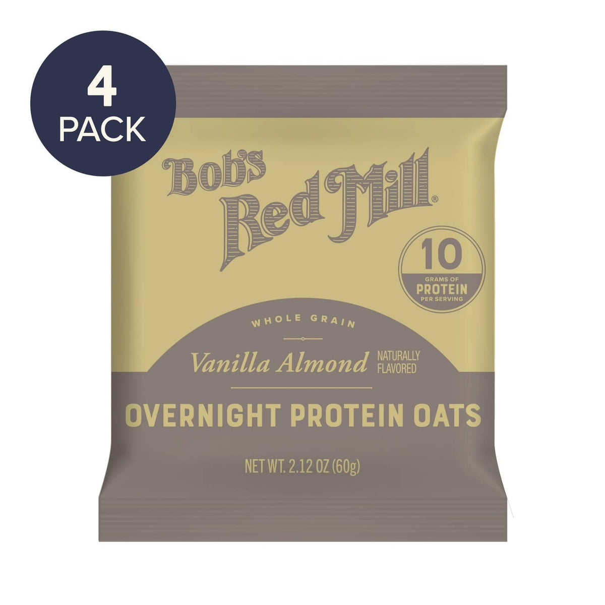 Vanilla almond overnight protein oats pouch with 4-pack label, close-up front