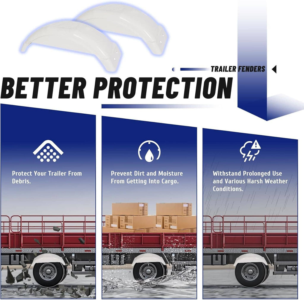 White trailer fender set with protective coverage icons