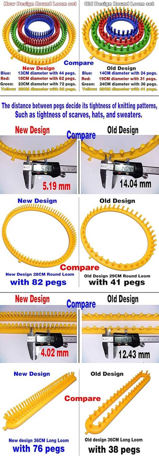 Round knitting loom set infographic comparing peg spacing between new and old designs
