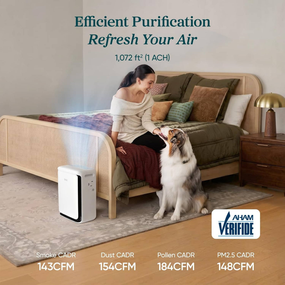White LEVOIT air purifier running in living room near a sitting dog.