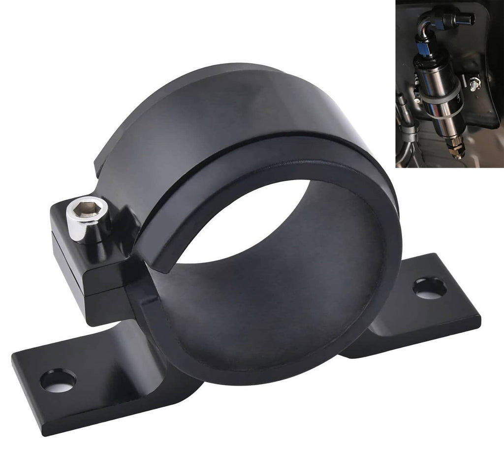 Universal 50mm fuel filter mounting bracket, black clamp style with two bolt holes