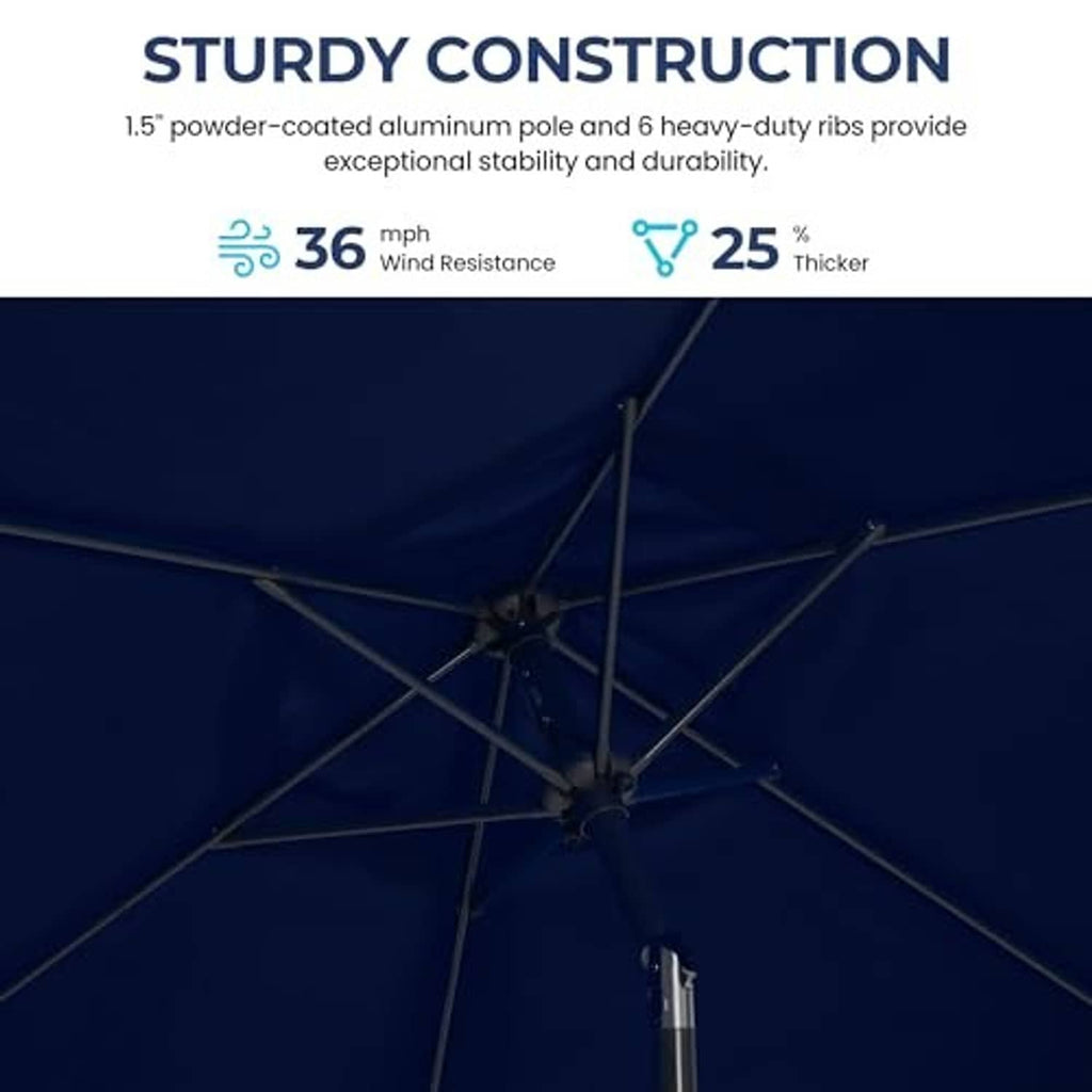 Navy blue umbrella canopy showing strong metal rib support around center pole