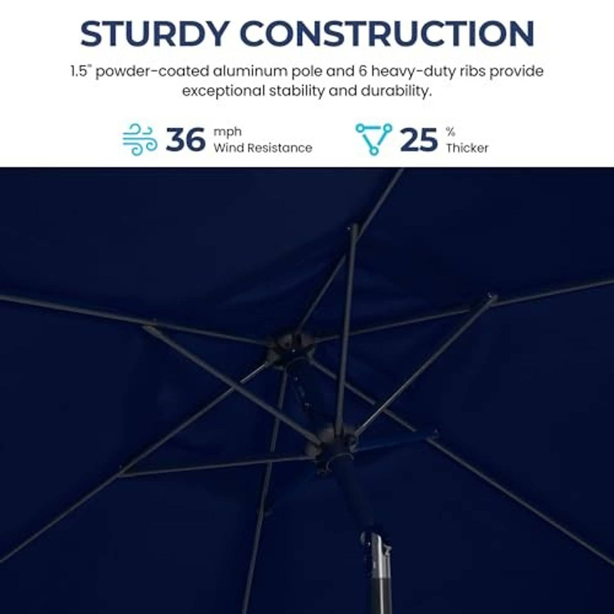 Navy blue umbrella canopy showing strong metal rib support around center pole