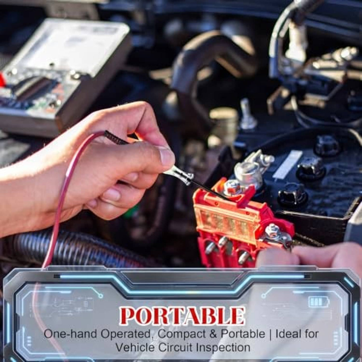 Portable automotive digital circuit test light with red cable, clear body and handheld probe