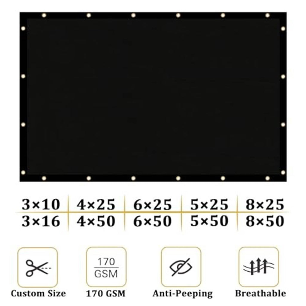 Black fence privacy screen with evenly spaced grommet holes and size options.