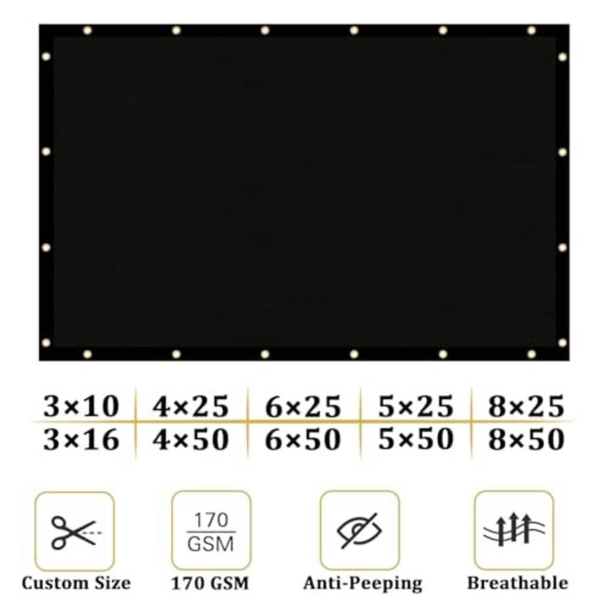 Black fence privacy screen with evenly spaced grommet holes and size options.