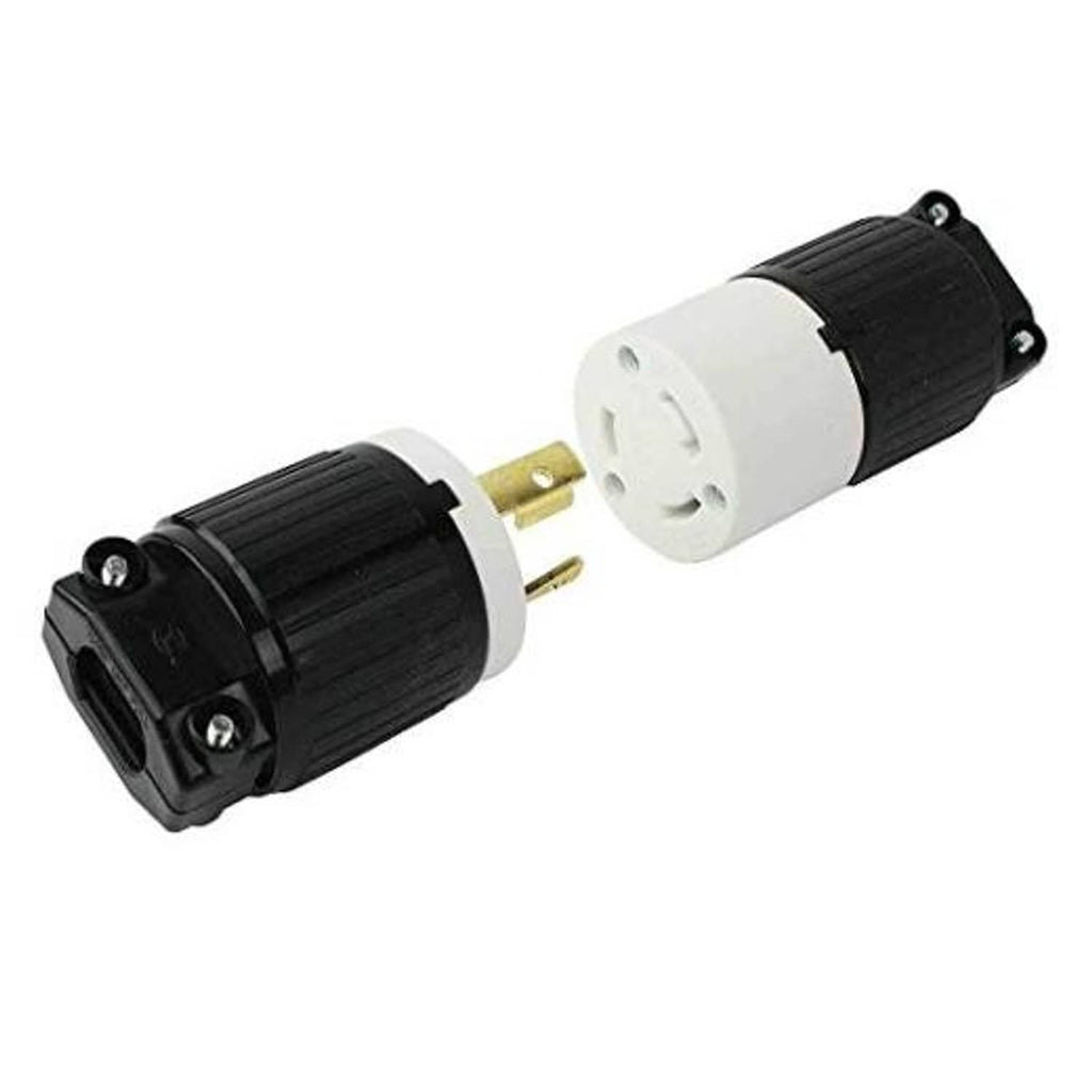Twist-lock 3-wire plug with white face, black housing, gold pins, male connector