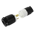 Twist-lock 3-wire plug with white face, black housing, gold pins, male connector
