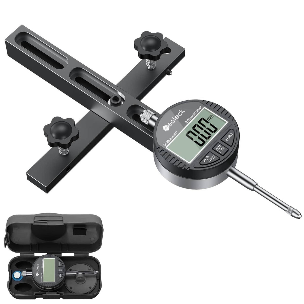 Digital dial indicator table saw gauge with black clamp base and LCD display