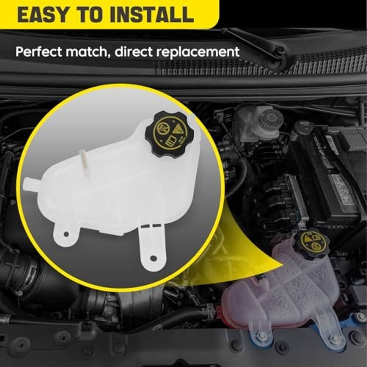 White coolant recovery tank with cap and mounting studs, ready-to-install replacement part